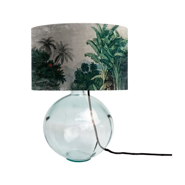 Zielona szklana lampa stołowa z materiałowym abażurem Tierra Bella Tropical Jungle, wys. 45 cm