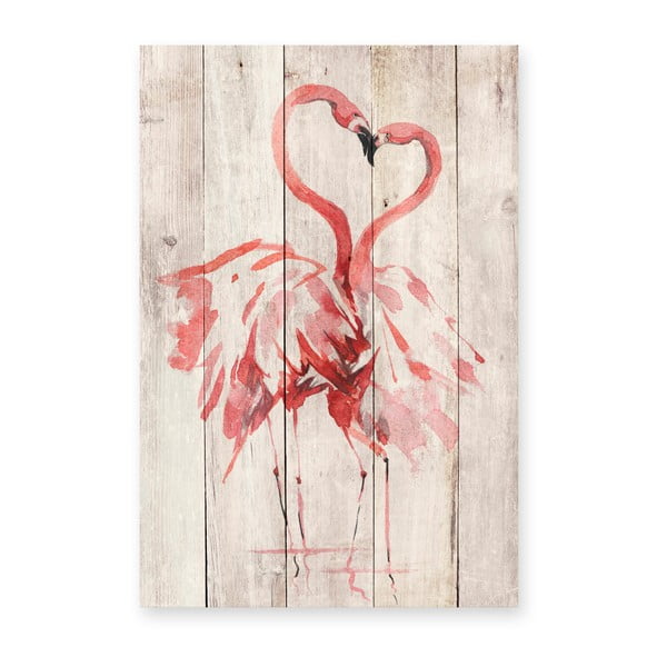 Dekoracja ścienna z drewna sosnowego Madre Selva Love Flamingo, 60x40 cm