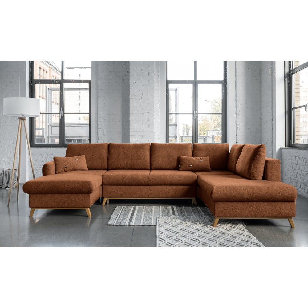 Ceglasta rozkładana sofa w kształcie litery "U" Miuform Scandic Lagom, prawostronna