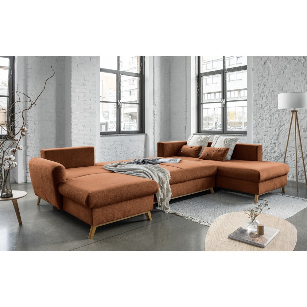 Ceglasta rozkładana sofa w kształcie litery "U" Miuform Scandic Lagom, prawostronna