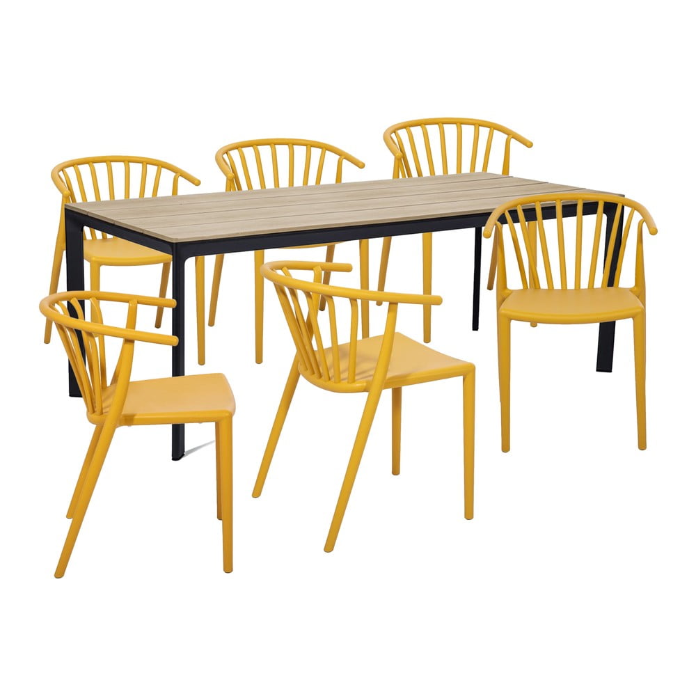 Zestaw ogrodowy dla 6 osób z żółtymi krzesłami Capri i stołem Thor, 210x90 cm