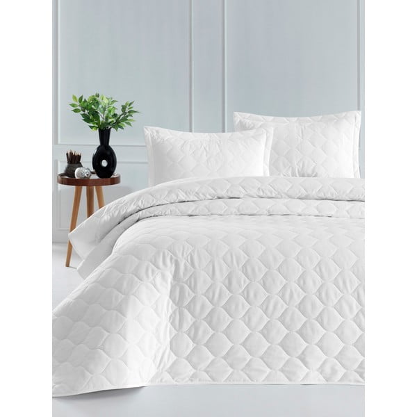 Biała narzuta z 2 poszewkami na poduszki z bawełny ranforce EnLora Home Fresh, 225x240 cm