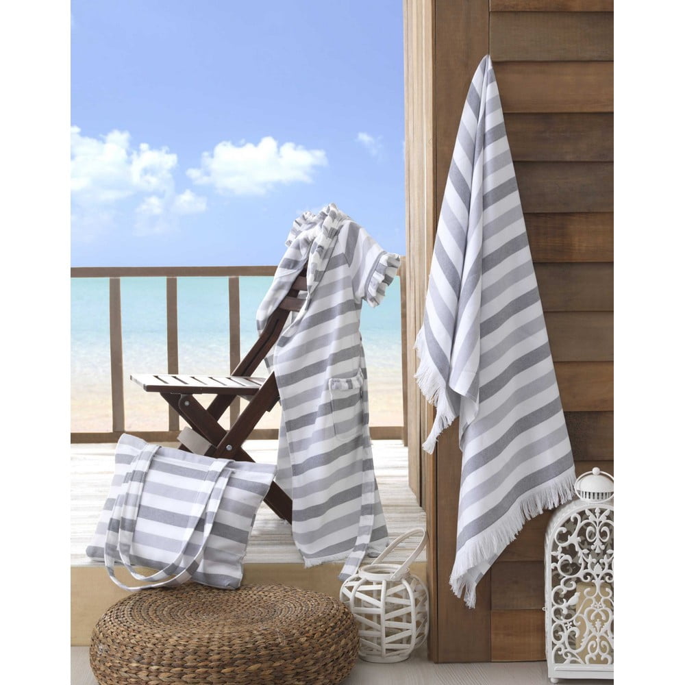 Szaro-biały bawełniany ręcznik plażowy Hobby Stripe, 70x140 cm