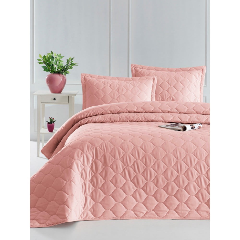 Różowa narzuta z 2 poszewkami na poduszki z bawełny ranforce EnLora Home Fresh, 225x240 cm