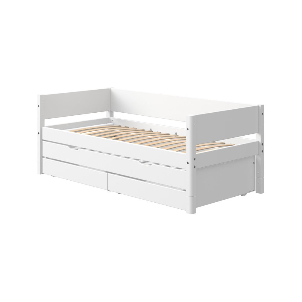 Białe dziecięce łóżko z dodatkowym wysuwanym łóżkiem i szufladą Flexa White, 90x200 cm