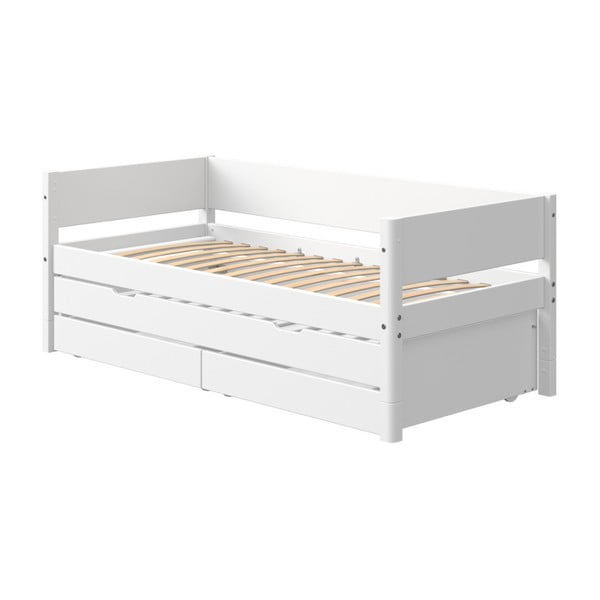 Białe dziecięce łóżko z dodatkowym wysuwanym łóżkiem i szufladą Flexa White, 90x200 cm