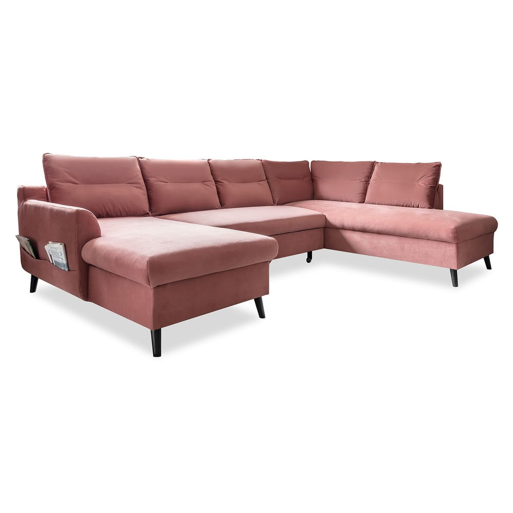 Różowa aksamitna rozkładana sofa w kształcie litery 