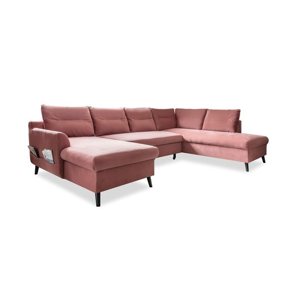 Różowa aksamitna rozkładana sofa w kształcie litery "U" Miuform Stylish Stan, prawostronna