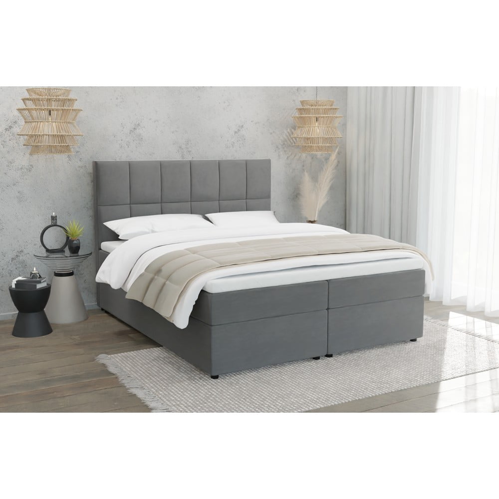 Szare łóżko boxspring ze schowkiem 140x200 cm Flip – Ropez