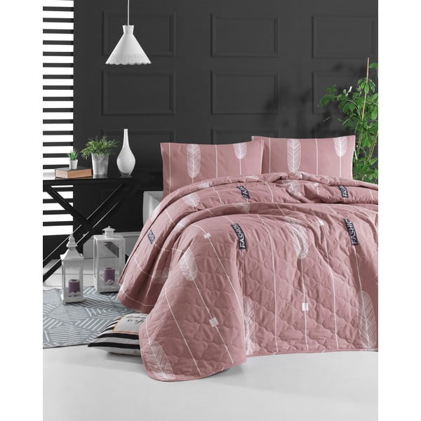 Różowa narzuta z 2 poszewkami na poduszki z bawełny ranforce EnLora Home Modena, 225x240 cm