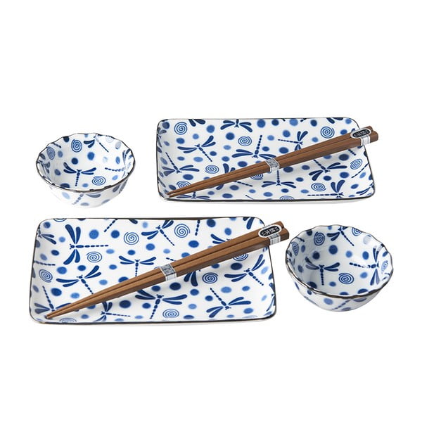 6-częściowy komplet niebiesko-białych naczyń ceramicznych do sushi MIJ Blue Dragonfly