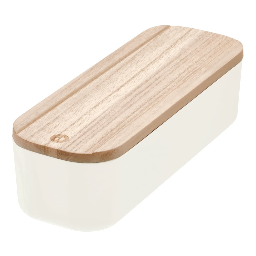 Biały pojemnik z pokrywką z drewna paulownia iDesign Eco, 9x27,5 cm