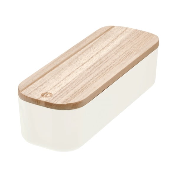 Biały pojemnik z pokrywką z drewna paulownia iDesign Eco, 9x27,5 cm