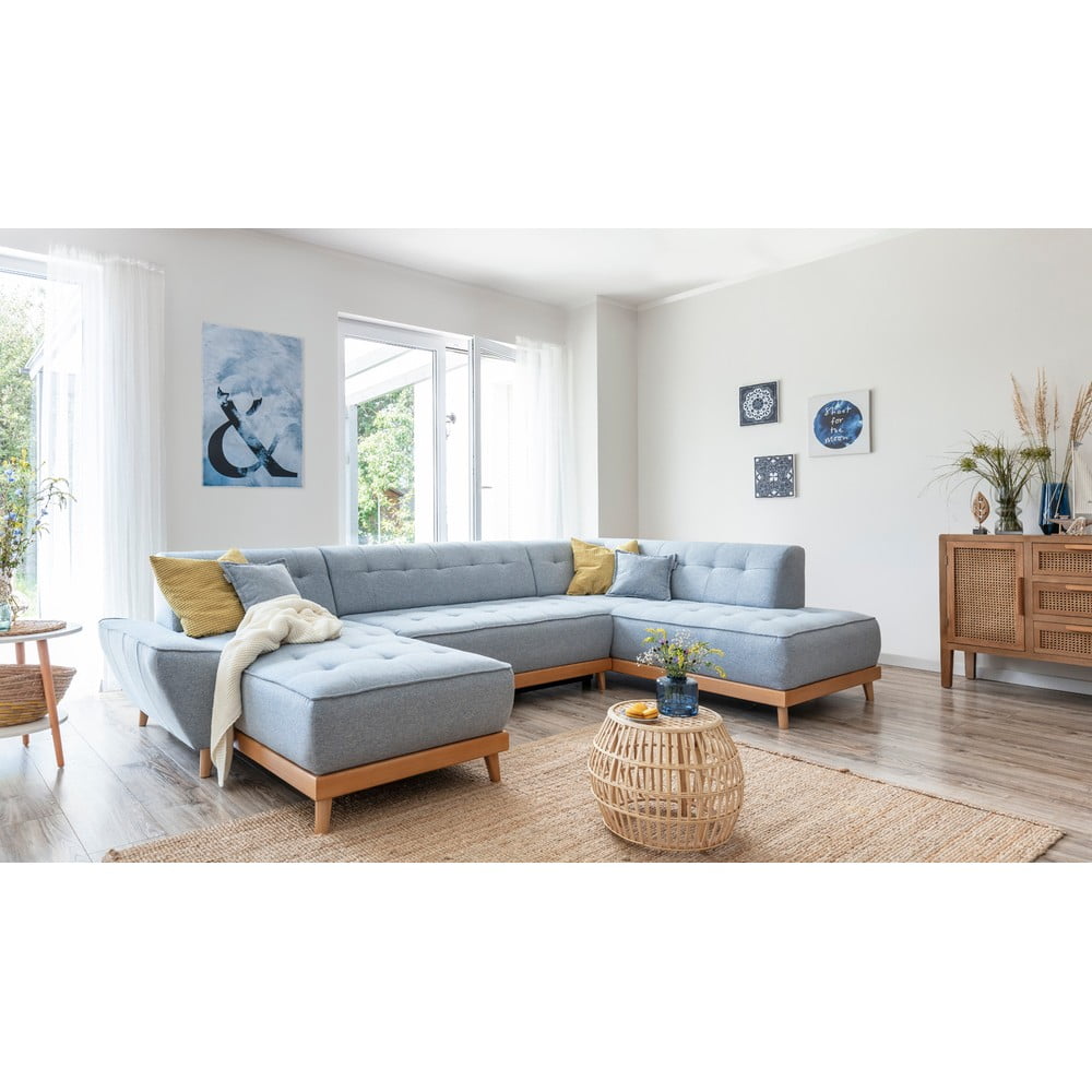 Jasnoniebieska rozkładana sofa w kształcie litery "U" Miuform Dazzling Daisy, prawostronna