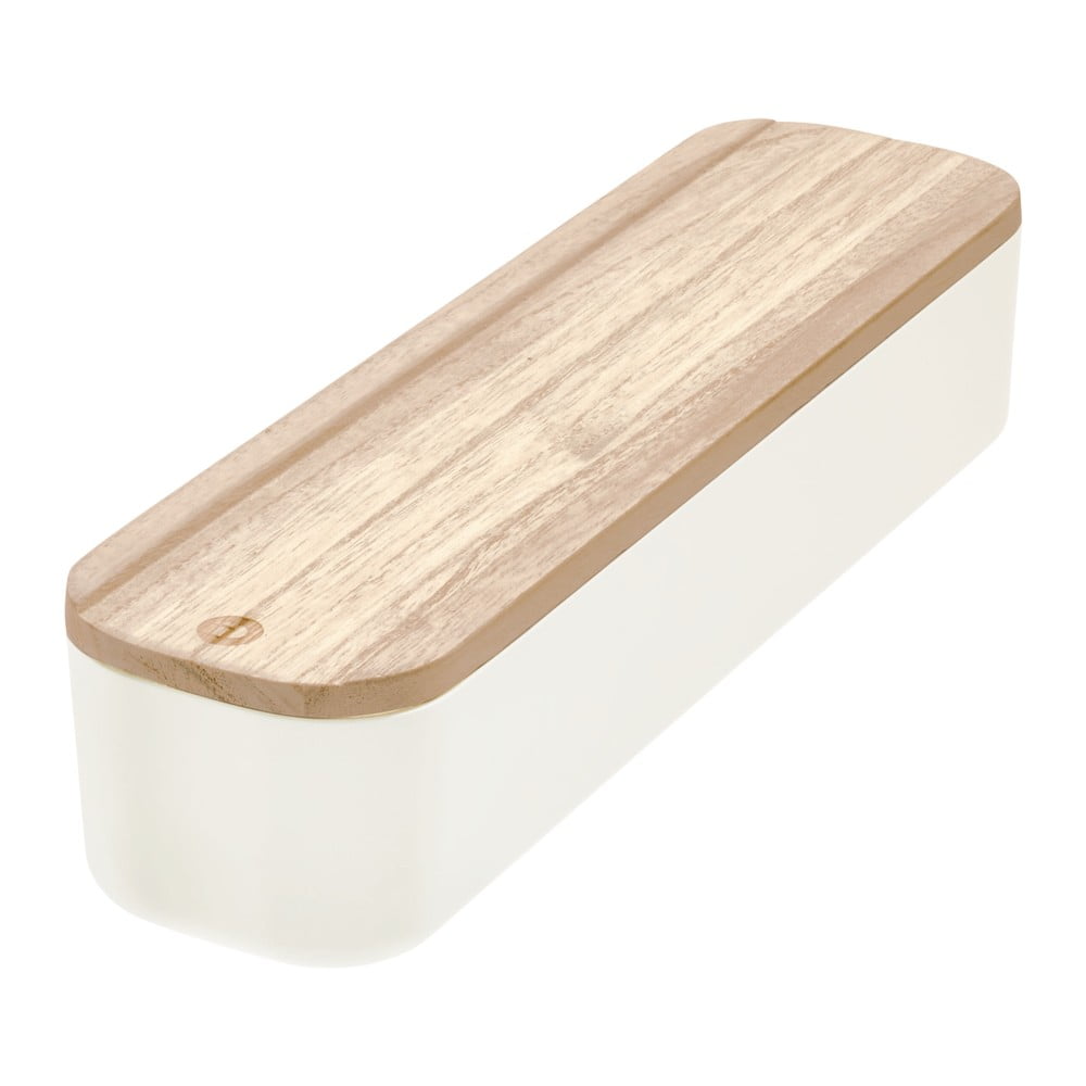 Biały pojemnik z pokrywką z drewna paulownia iDesign Eco, 9x36,5 cm