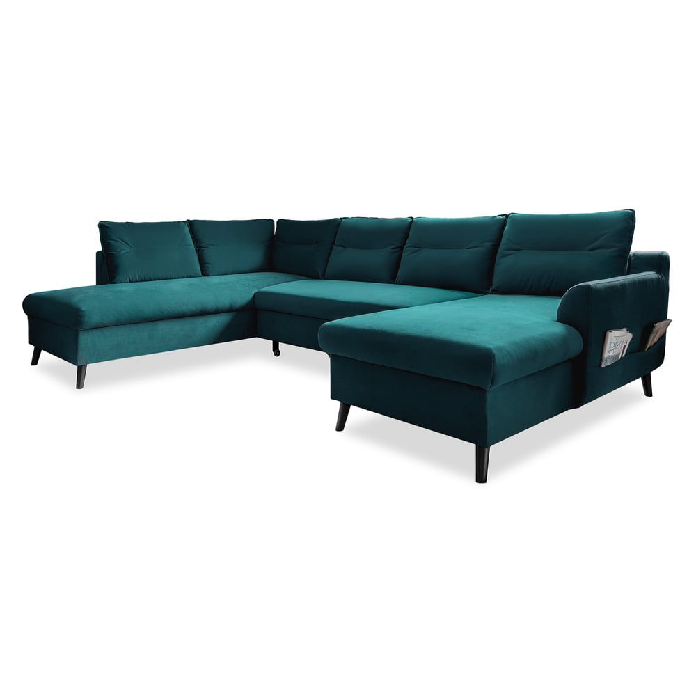 Turkusowa aksamitna rozkładana sofa w kształcie litery "U" Miuform Stylish Stan, lewostronna