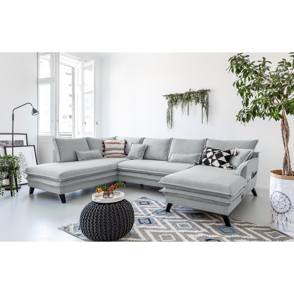 Jasnoszara rozkładana sofa w kształcie litery "U" Miuform Charming Charlie, lewostronna