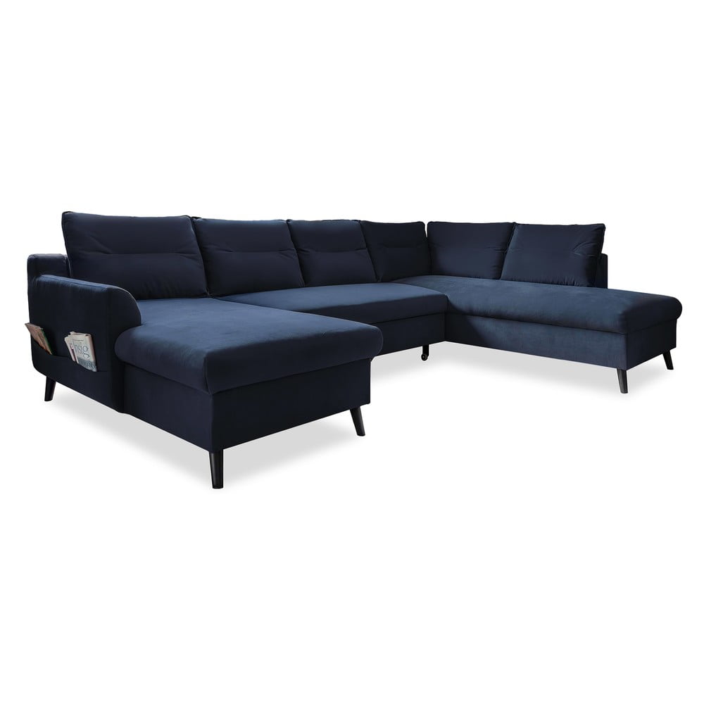 Ciemnoniebieska rozkładana sofa w kształcie litery 