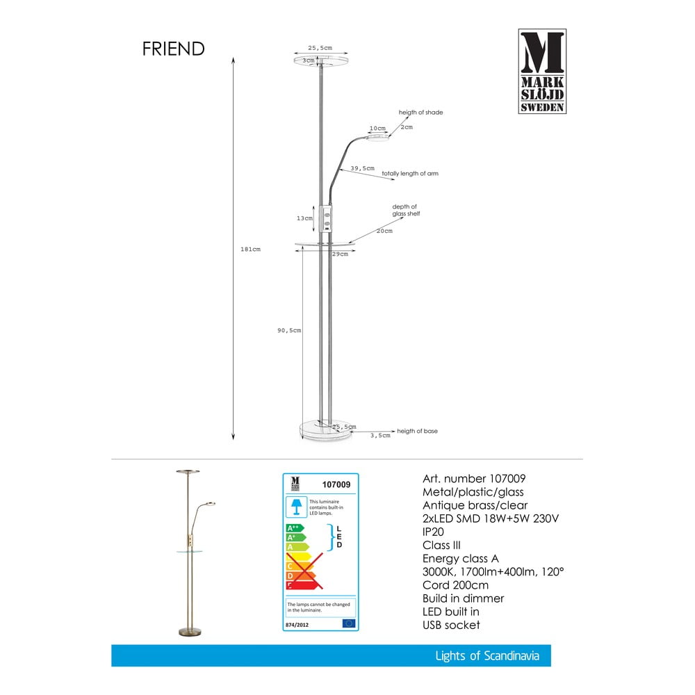 Lampa stojąca z LED w kolorze mosiądzu Markslöjd Friend Uplight