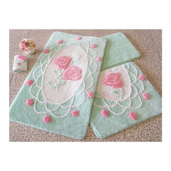 Zestaw trzech zielonych dywaników łazienkowych z motywem róż Knit Knot
