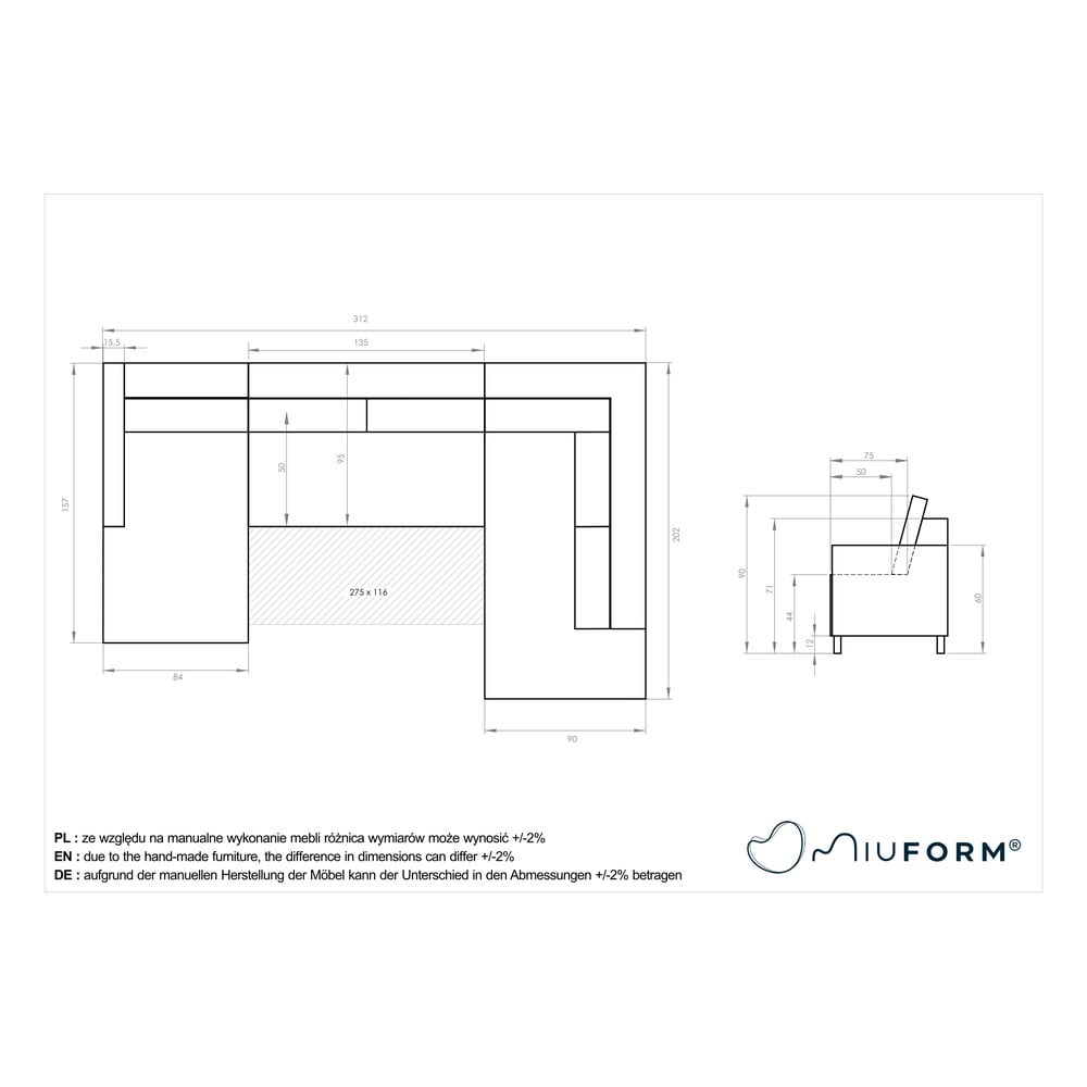 Ceglasta rozkładana sofa w kształcie litery "U" Miuform Scandic Lagom, prawostronna