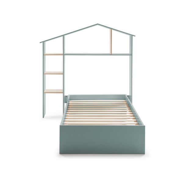Niebieskozielone łóżko dziecięce z półkami Marckeric Maria, 90x190 cm