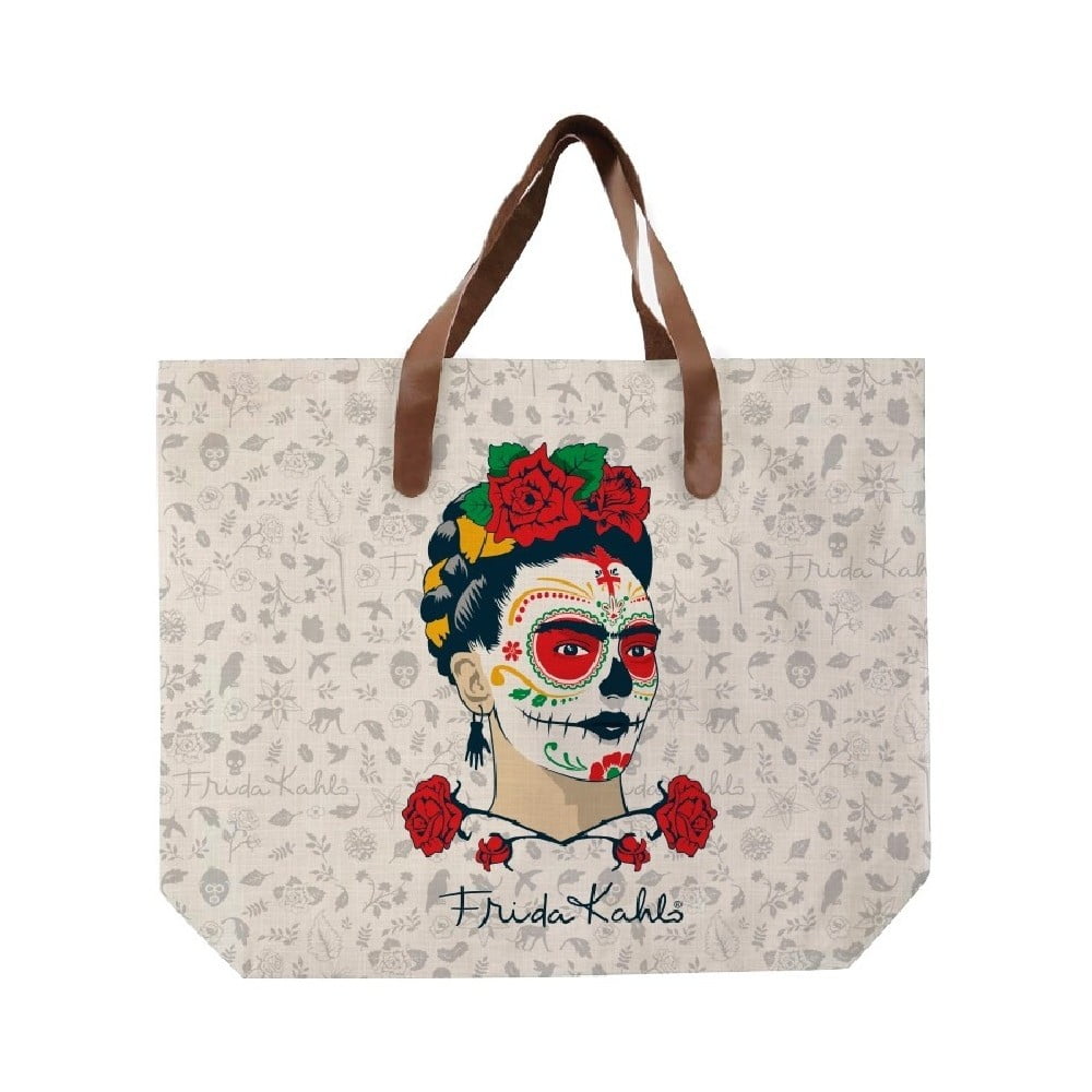 Beżowa torba płócienna z uchem z ekoskóry Madre Selva Frida Skull, 55x40 cm