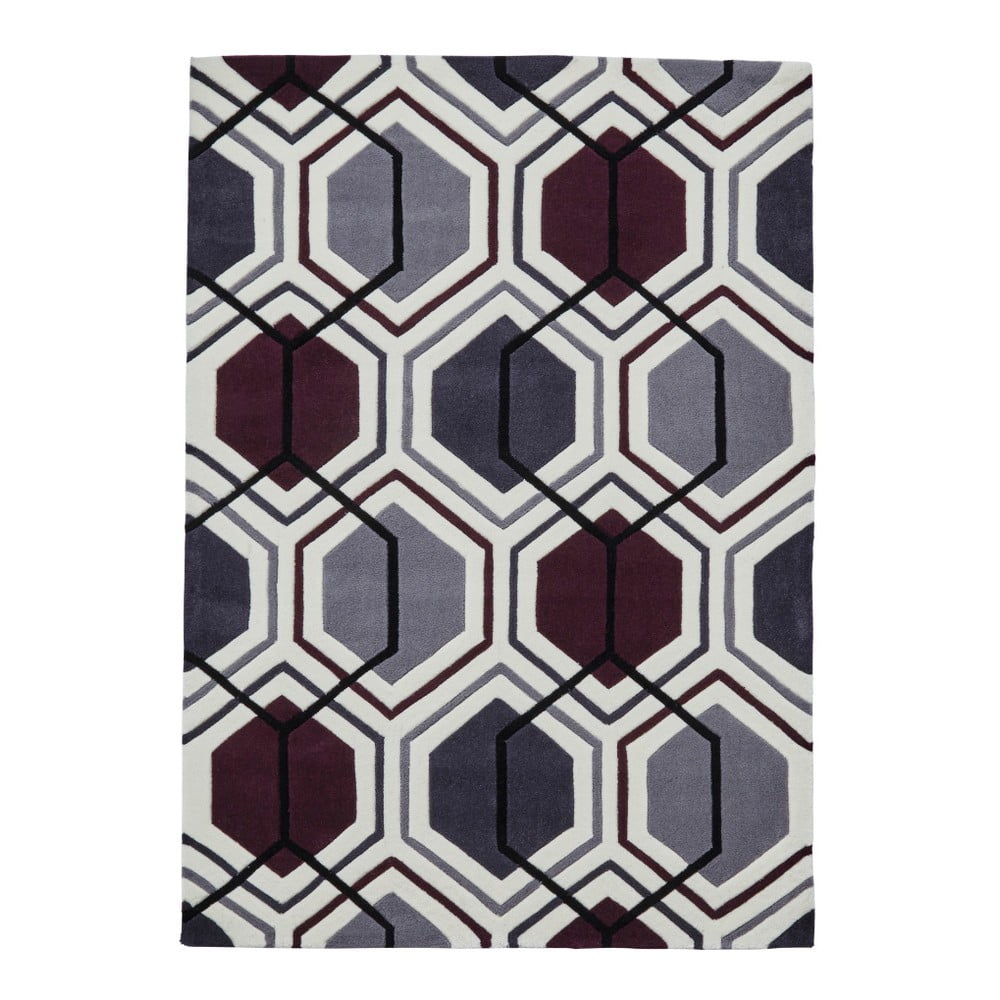 Szaro-fioletowy ręcznie tkany dywan Think Rugs Hong Kong Hexagon Cream Dark & Purple, 90x150 cm