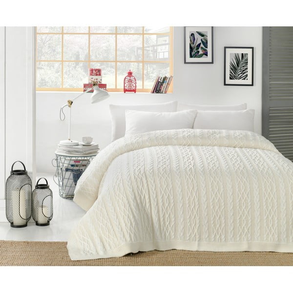 Jasnokremowa narzuta na łóżko z domieszką bawełny Homemania Decor Knit, 220x240 cm