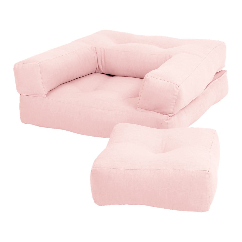 Jasnoróżowy dziecięcy fotel rozkładany z podnóżkiem/pufem Karup Design Mini Cube Peonie
