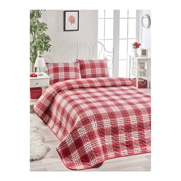 Zestaw bawełnianej czerwonej narzuty na łóżko i 2 poszewek na poduszki Harro Mento, 200x220 cm