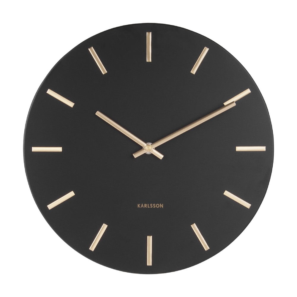 Czarny zegar ścienny ze wskazówkami w kolorze złota Karlsson Charm, ø 30 cm