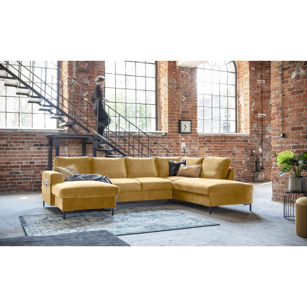 Musztardowożółta aksamitna rozkładana sofa w kształcie litery "U" Miuform Lofty Lilly, prawostronna