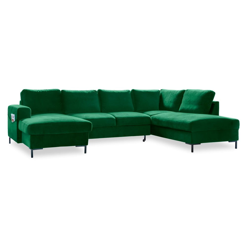 Zielona aksamitna rozkładana sofa w kształcie litery "U" Miuform Lofty Lilly, prawostronna