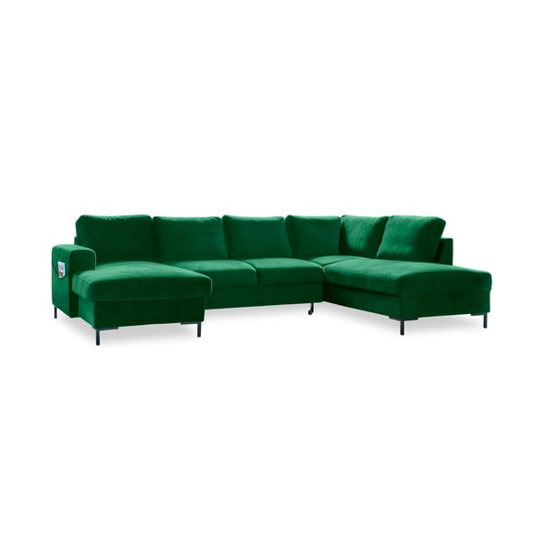 Zielona aksamitna rozkładana sofa w kształcie litery "U" Miuform Lofty Lilly, prawostronna