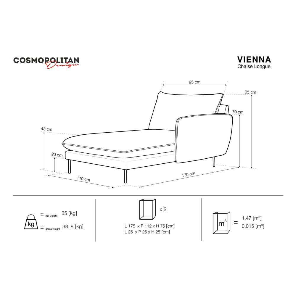 Ciemnoszary szezlong Cosmopolitan Design Vienna, prawostronny