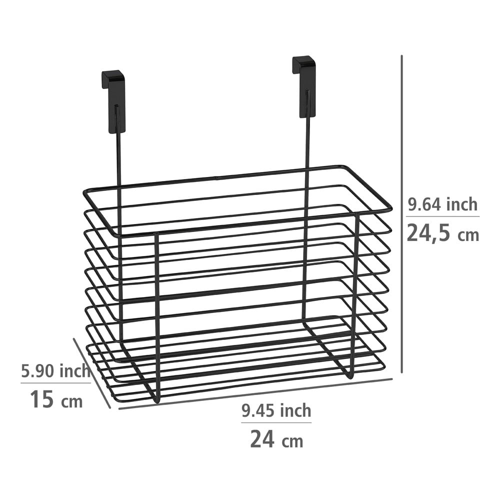 Czarny metalowy koszyk wiszący na drzwiczki kuchenne Wenko Slim, wys. 25 cm