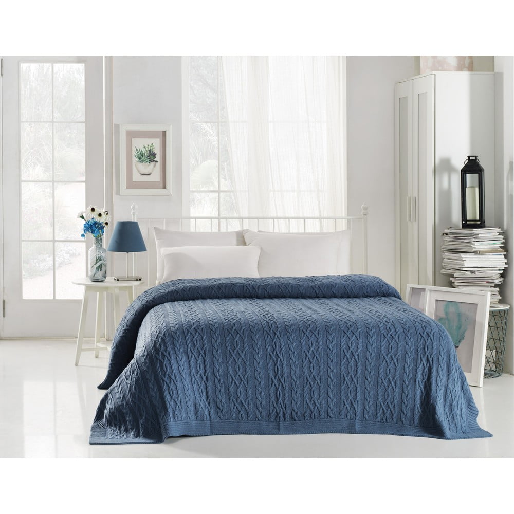 Granatowa narzuta na łóżko z domieszką bawełny Homemania Decor Knit, 220x240 cm