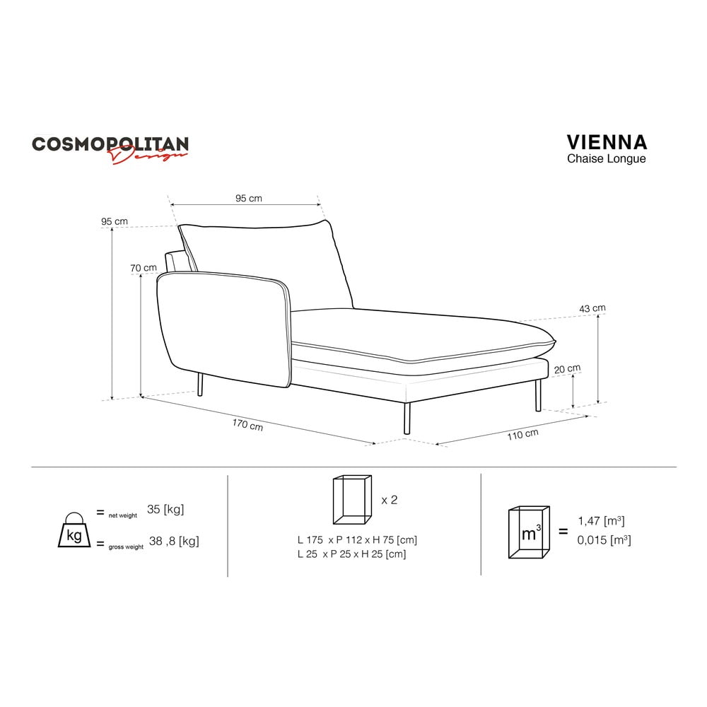 Jasnoszary szezlong Cosmopolitan Design Vienna, lewostronny