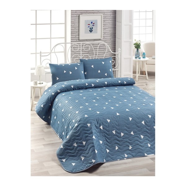 Zestaw bawełnianej niebieskiej narzuty na łóżko i 2 poszewek na poduszki Lesso Duro, 200x220 cm