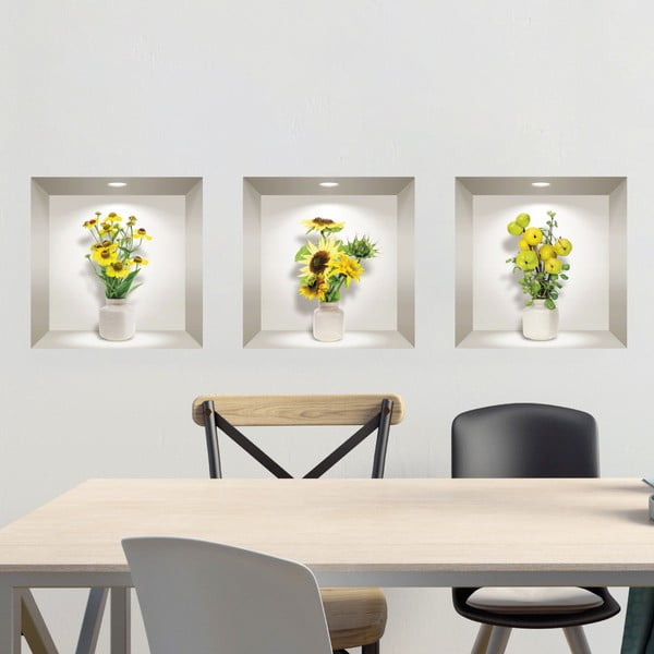 Komplet 3 naklejek ściennych 3D Ambiance Yellow Flowers