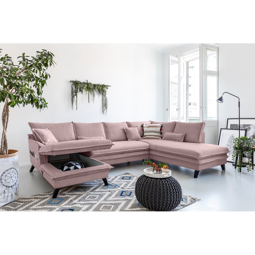 Pudroworóżowa rozkładana sofa w kształcie litery "U" Miuform Charming Charlie, prawostronna