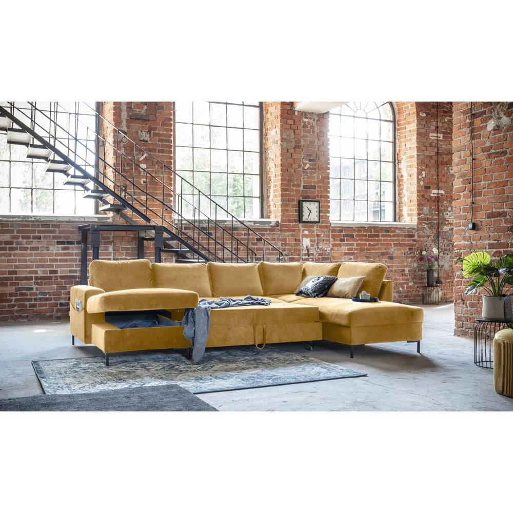 Musztardowożółta aksamitna rozkładana sofa w kształcie litery "U" Miuform Lofty Lilly, prawostronna