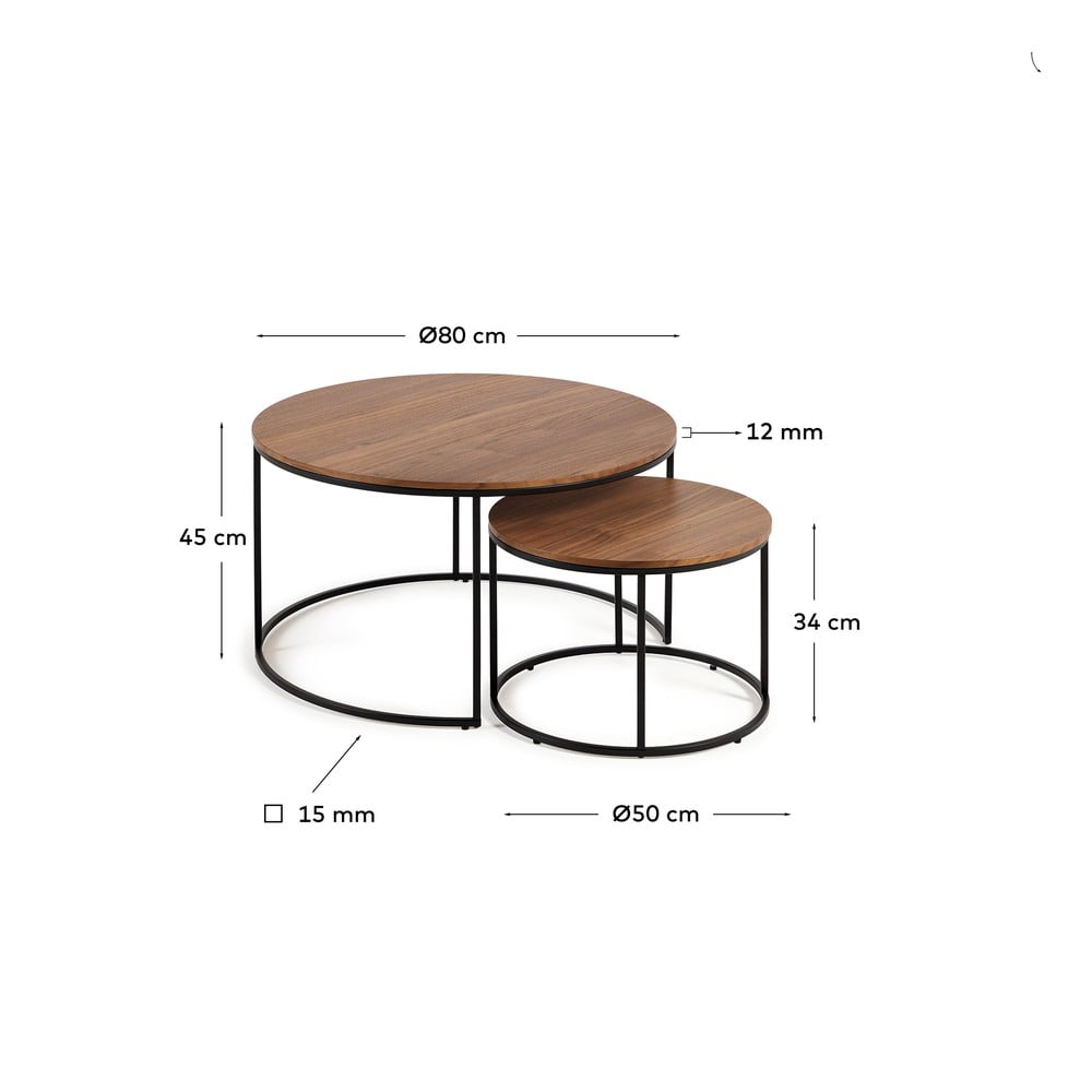 Brązowe okrągłe stoliki z blatem w dekorze orzecha zestaw 2 szt. ø 80 cm Yona − Kave Home