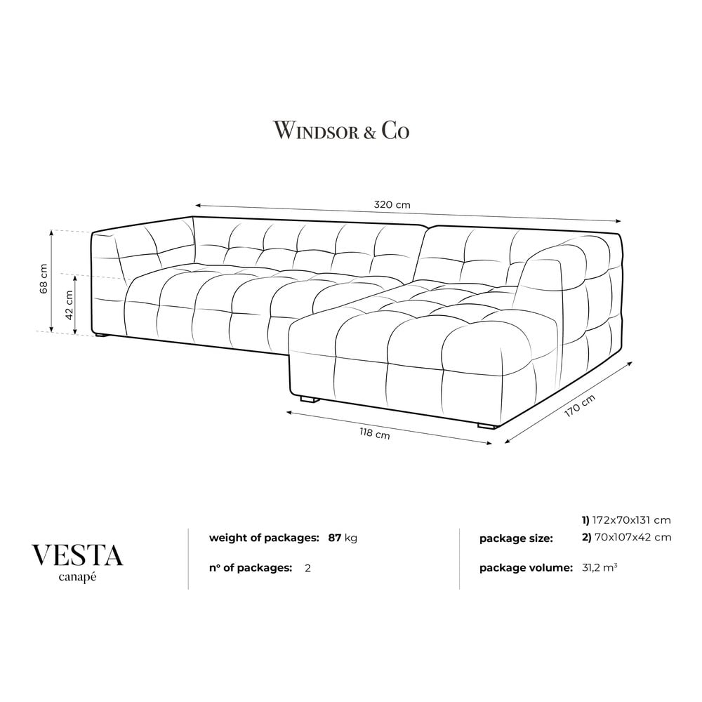 Beżowy aksamitny narożnik Windsor & Co Sofas Vesta, prawostronny