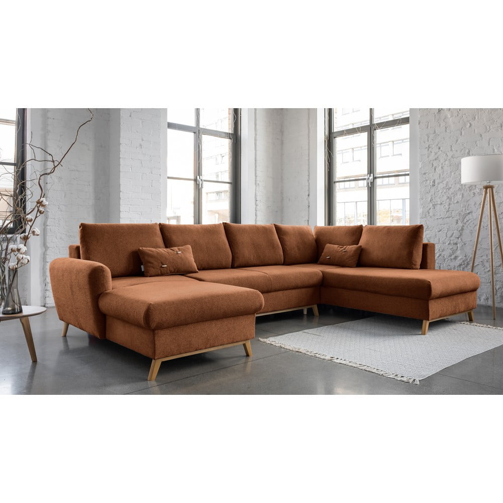 Ceglasta rozkładana sofa w kształcie litery "U" Miuform Scandic Lagom, prawostronna