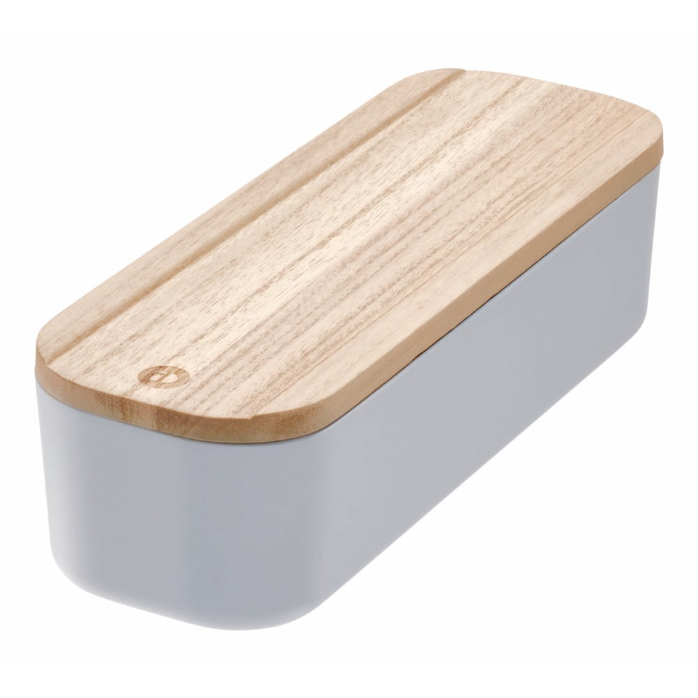 Szary pojemnik z pokrywką z drewna paulownia iDesign Eco, 9x27,5 cm