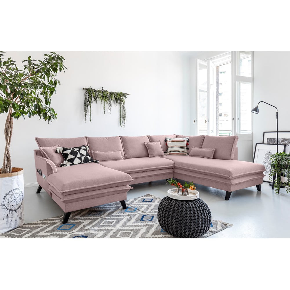 Pudroworóżowa rozkładana sofa w kształcie litery "U" Miuform Charming Charlie, prawostronna