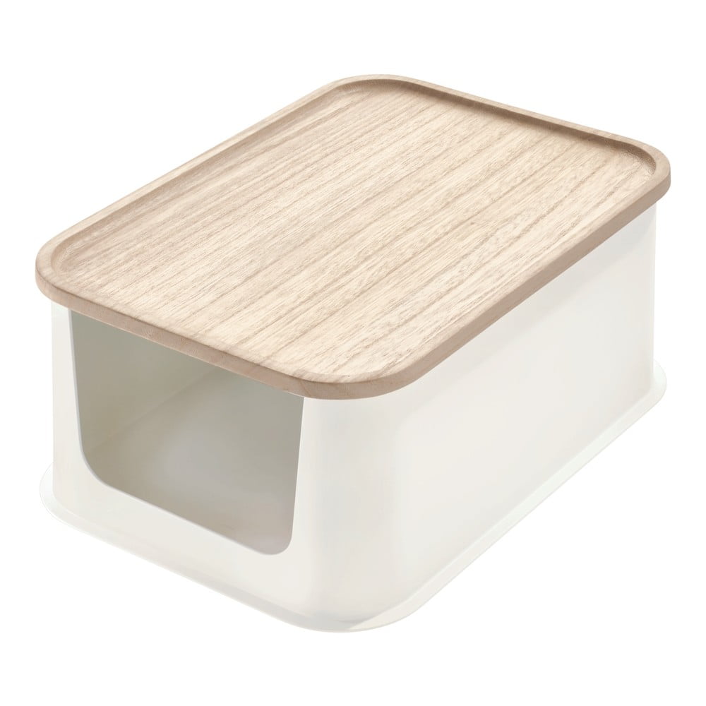 Biały pojemnik z pokrywką z drewna paulownia iDesign Eco Open, 21,3x30,2 cm
