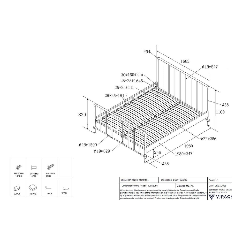 Białe metalowe łóżko dwuosobowe ze stelażem 160x200 cm BRONXX – Vipack